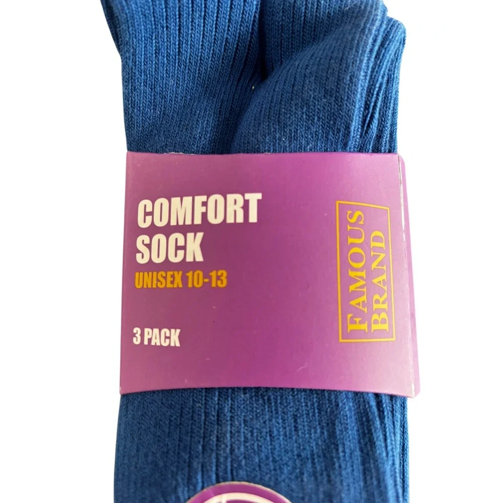 Famous Brand Comfort Socks 3 Pack Blue Unisex 10-13 Ribbed Crew 77Cotton Blend